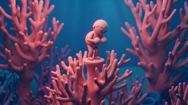 海洋ブルーとピンクの光が照らすフラクタルサンゴの頂上で、重圧に耐え丸まるクレイ調キャラクターの3D画像