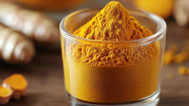 Close-up of curry powder in a clear bowl with a blurred background, emphasizing the color and texture of the spices.