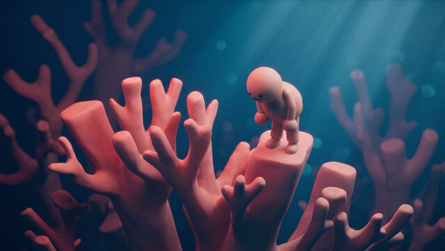 海洋ブルーとピンクの光が照らすフラクタルサンゴの頂上で、重圧に耐え丸まるクレイ調キャラクターの3D画像