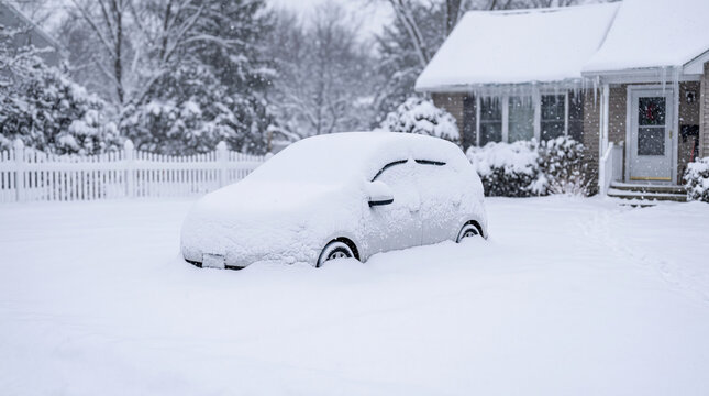 Car covered in thick snow during a winter storm outside a suburban house