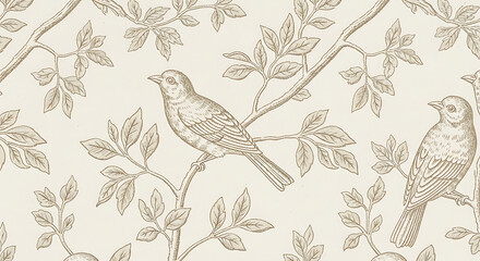 Fototapeta premium Vintage bird and botanical leaf branch pattern in an elegant handdrawn sketch style for classic interior wallpaper design
