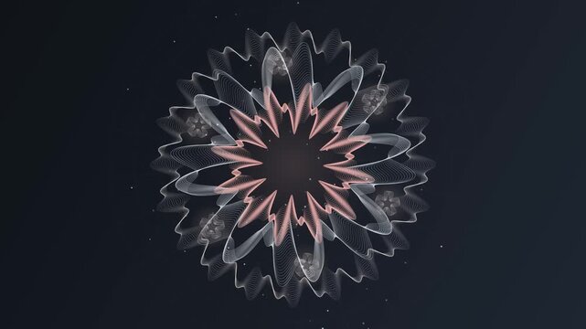 Abstract geometric flower shape with rotating wavy lines on dark background
