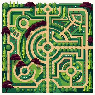 An intricate aerial view of a green garden maze and labyrinth design featuring manicured shrubs and trees in a clean vector flat style