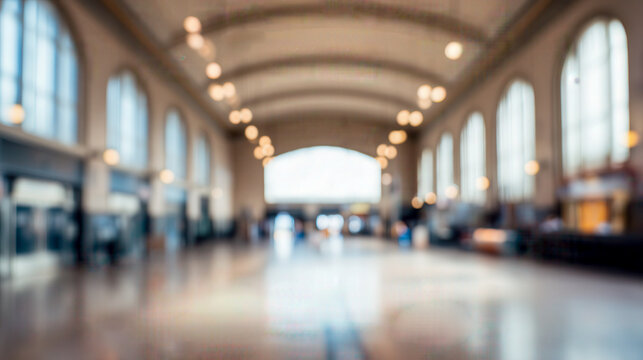 Defocused bright railway station concourse with warm golden bokeh lights and arched windows