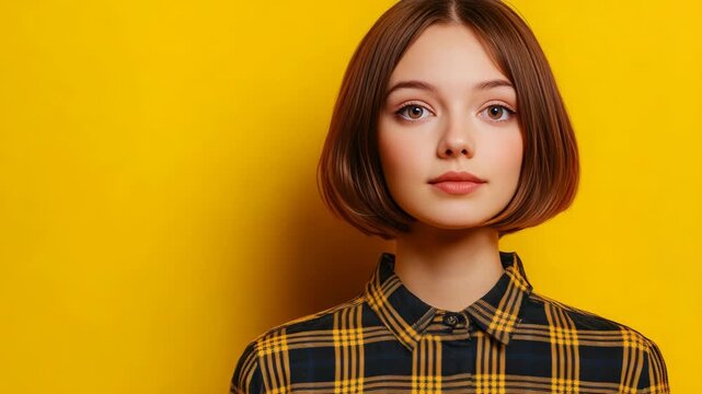 Woman with closed eyes against a vibrant yellow background. She wears a plaid shirt with dark tones and subtle patterns. Soft lighting highlights her calm expression and short bob haircut