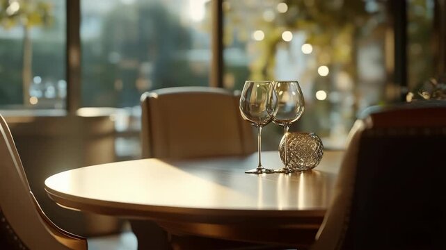 An unoccupied dining table in a restaurant with wine glasses on top