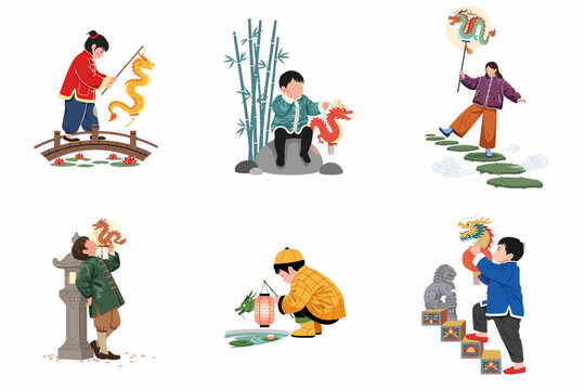 Collection of Flat Vector Illustrations Featuring Children in Traditional Chinese Clothing Celebrating Lunar New Year with Dragon Puppets, Lanterns, and Cultural Icons for Spring Festival