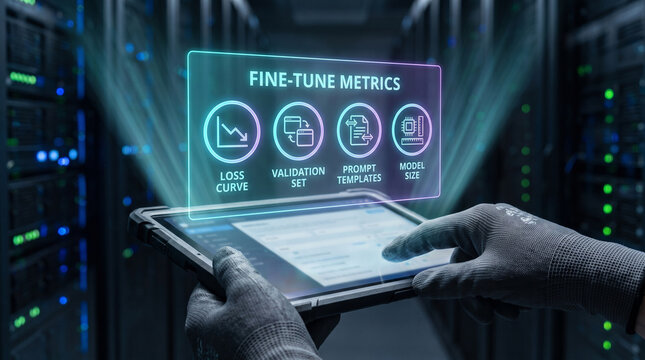 AI model fine-tuning metrics dashboard on tablet in server room, holographic interface showing loss curve and prompt templates for machine learning development.