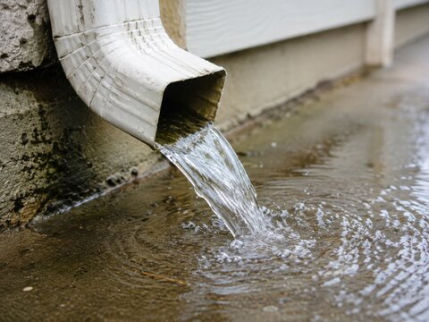 A close-up shot of a white downspout discharging rainwater onto a concrete surface below.