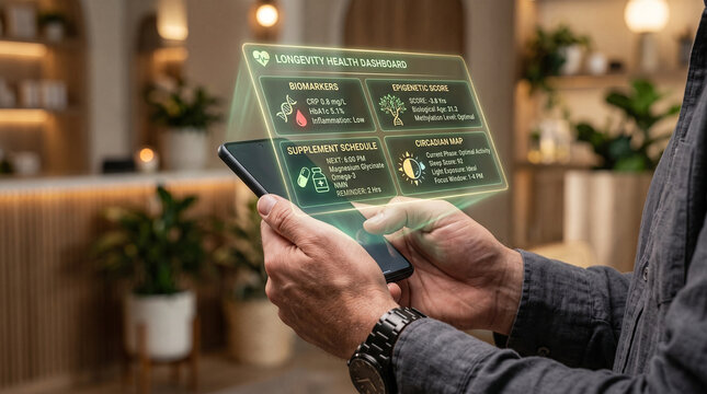 Longevity health dashboard hologram on smartphone, person holding phone with futuristic biohacking interface showing biomarkers, epigenetic score, and supplement schedule in modern home.