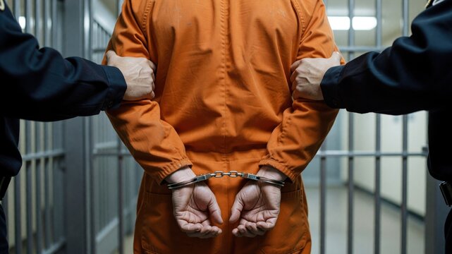 Two law enforcement officers hold a handcuffed prisoner wearing an orange jumpsuit inside a jail.