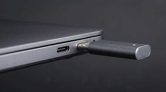 USB C adapter plugged into a modern laptop computer on a dark background