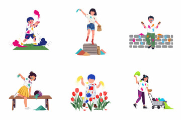 Fototapeta premium Vector Illustrations of Diverse Children Celebrating Holi Festival with Colorful Powder and Paint, Happy Kids Playing with Gulal, Spring Festival of Colors Celebration Elements Isolated