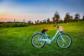 Fototapeta premium Sustainable transportation and outdoor recreation, light blue bicycle with basket on green grass in an orchard at sunset