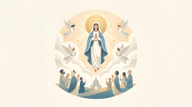 Vigil of the Assumption of Mary Vector Illustration with Blessed Virgin Mary Ascending, Angels Blowing Trumpets, Thurible Incense, and Faithful Praying on August 14