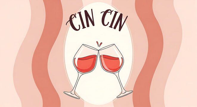 A festive illustration featuring two wine glasses clinking with red wine accompanied by cin cin and cheers text for a joyful celebration