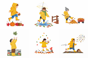 Fototapeta premium Set of Children in Yellow Raincoats and Boots Playing Outdoors in Autumn, Jumping in Puddles, Kicking Fall Leaves, and Harvesting Pumpkin, Vector Illustration Isolated on White Background.
