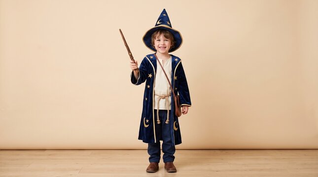 Young Boy Dressed as a Wizard Holding a Wand and Smiling