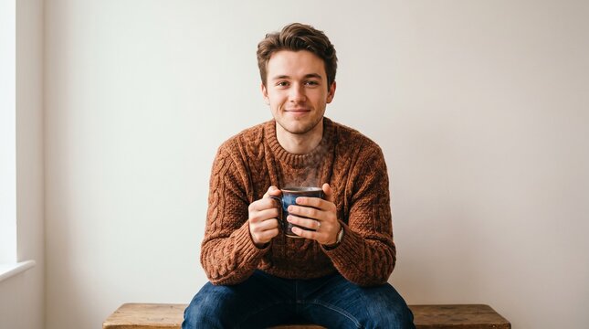 Young man in cozy sweater holding a steaming mug of coffee or tea indoors