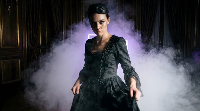 Caucasian female wearing black eye mask holding long dress. Woman standing in thick atmospheric smoke, for mysterious gothic event.
