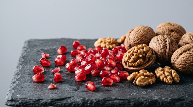 Fresh Pomegranate Seeds and Walnuts on a Slate Surface