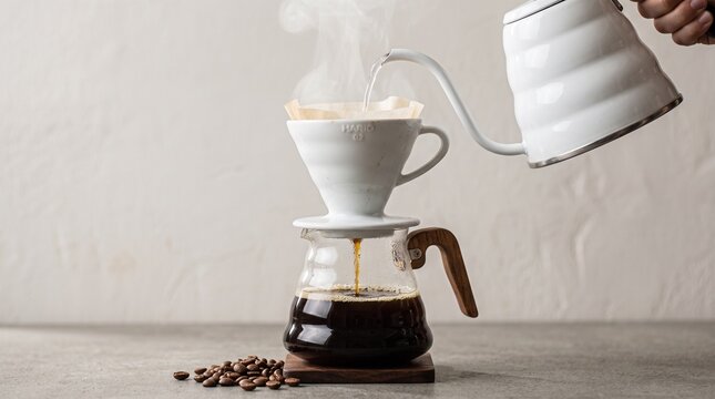 Pour over coffee brewing process hot water being poured into filter with coffee beans
