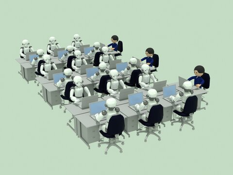人間とAIの共存・たくさんの机が並ぶオフィス風景・ビジネスマンとAIロボットがオフィスで机を並べて、PCを使って仕事をしている