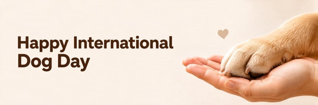  Happy International Dog Day long banner header. Close up of human hand holding cute dog paw with copy space on beige background
