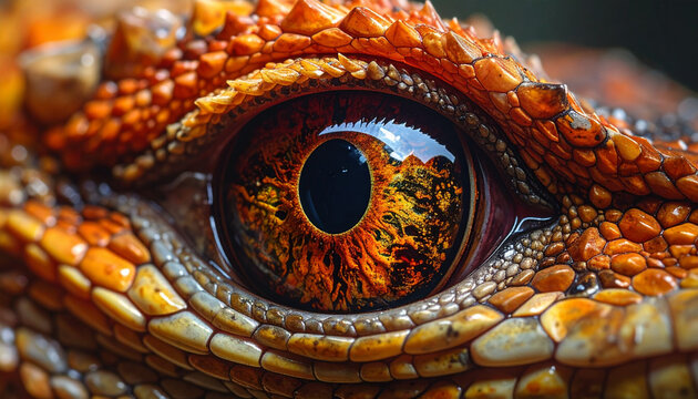 Extreme close up of a lizard eye with textured orange scales
