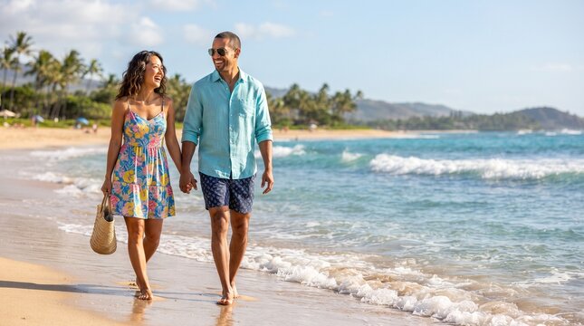 A happy couple strolls hand-in-hand along a sun-drenched beach, the turquoise ocean waves gently lapping at their feet as they enjoy a romantic seaside getaway.