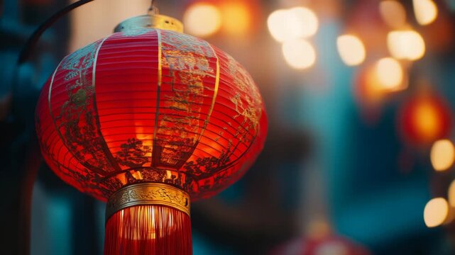 Illuminated red lantern with golden accents hanging from chain.