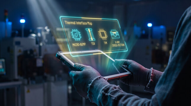 Augmented reality semiconductor thermal interface map on tablet in high-tech lab, holographic microchip inspection for industrial engineering.