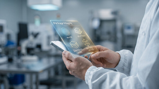 Semiconductor manufacturing augmented reality interface used by engineer in cleanroom for microchip package integrity inspection. Futuristic high-tech laboratory setting with holographic data.