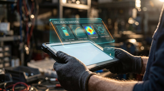Industrial augmented reality tablet diagnostics for battery cell health in a workshop. Technician using holographic interface for thermal mapping and maintenance.
