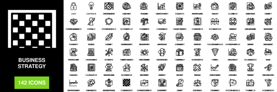 Set of 142 business strategy black outline symbols including handshakes, targets, charts, graphs, and office equipment on white background