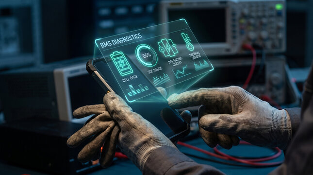 BMS diagnostics holographic interface on smartphone held by technician in gloves. Industrial battery management system monitoring cell pack, SOC gauge, and thermal sensors in a lab setting.