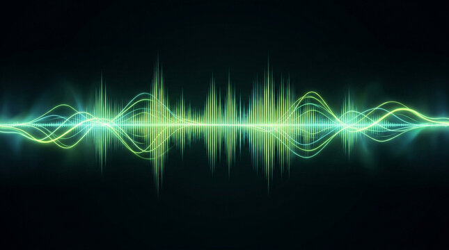 Glowing digital sound wave equalizer with vibrant green lines