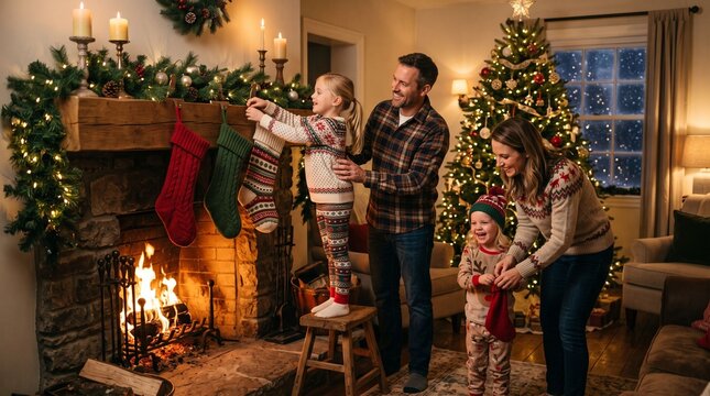 Happy family hanging christmas stockings by burning fireplace at home