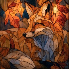 Naklejka premium Rich stained glass artwork features a fox surrounded by colorful leaves, capturing the beauty of nature in a striking display of craftsmanship.