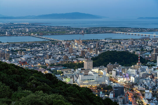Panoramic night view of Tokushima city center from the summit of Mount Bizan.