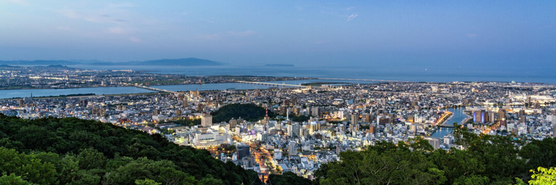 Panoramic night view of Tokushima city center from the summit of Mount Bizan.