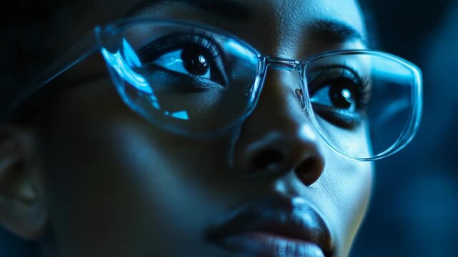 A young woman wearing glasses and a headset has an intense look on her face as she focuses on something out of frame.