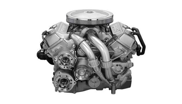 High-performance V8 internal combustion car engine assembly isolated on white background