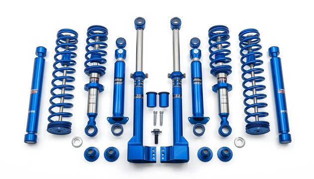 Professional blue coilover suspension kit and adjustable shock absorbers flat lay on white