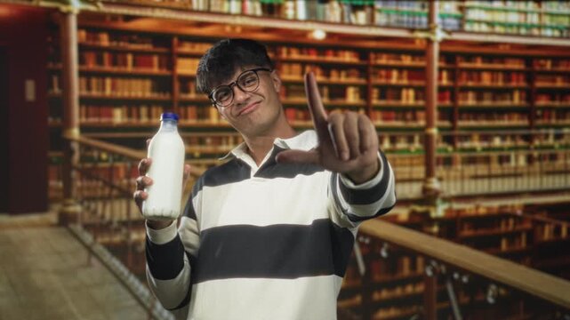 Young hispanic man holds milk bottle, makes l sign with hand in a library building; playful confidence.