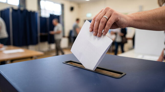 Voter casting ballot into blue ballot box at polling station during election