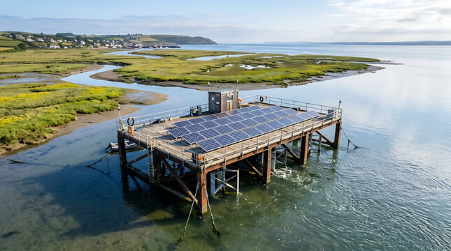 Floating solar energy platform generating renewable power on water with marshland background