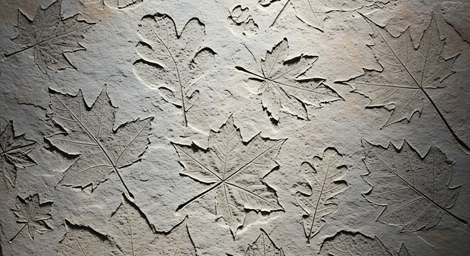 Artistic leaf imprint on a weathered stone and concrete surface featuring a natural texture fossil aesthetic for architectural design