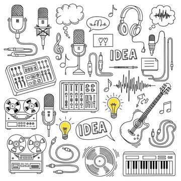 Hand drawn audio equipment and musical instruments doodle set for podcast and recording studio