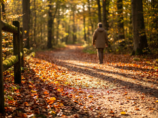 Fototapeta premium Autumn path through colorful leaves golden light nature walkway scenic